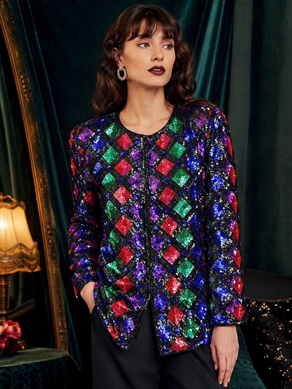 Patra Vintage 80s Beaded Silk Sequin Jacket
Jewel Tone Harlequin Black Size 8